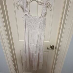 Hill House pink Swiss dot White Maxi Dress with Smocked Bodice